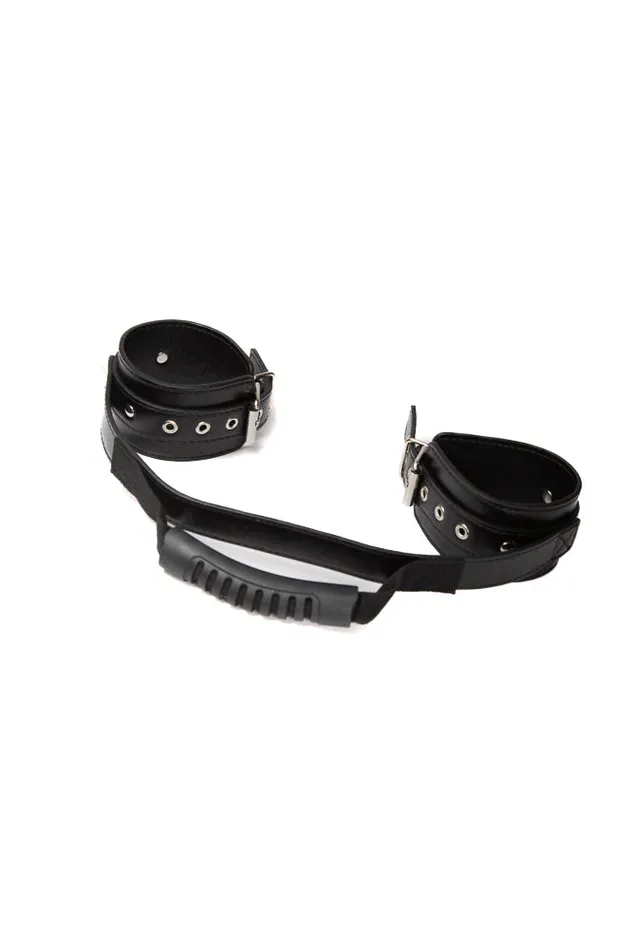 Shots Toys Couples Ouch by Shots Toys Adjustable Leather Handcuffs With Handle Black