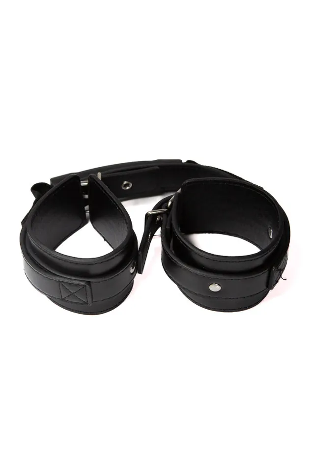 Shots Toys Couples Ouch by Shots Toys Adjustable Leather Handcuffs With Handle Black