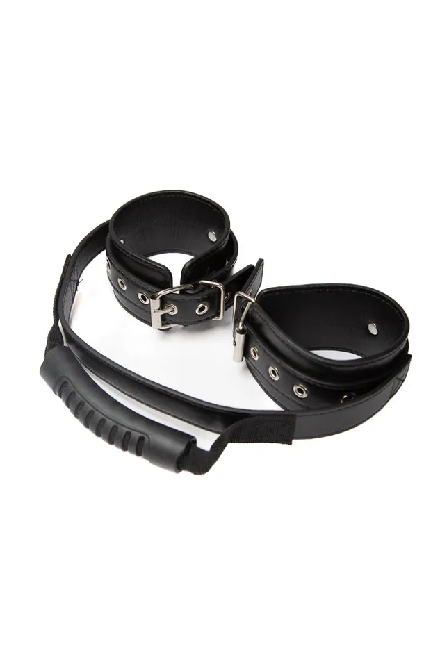 Shots Toys Couples Ouch by Shots Toys Adjustable Leather Handcuffs With Handle Black